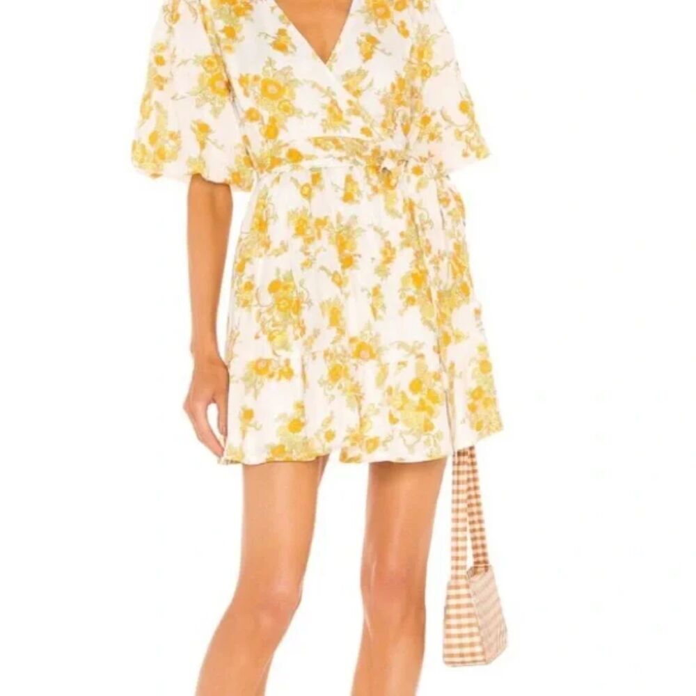 Faithfull The Brand Rooney Wrap Mini Linen Dress Linden Floral L Yellow Boho